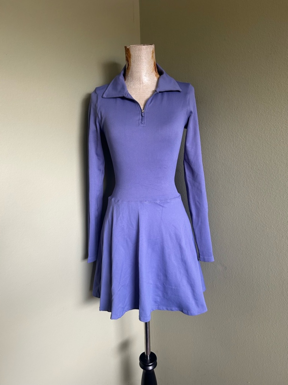 OQQ Long-Sleeve Blue Zip-Front Fit & Flare Dress